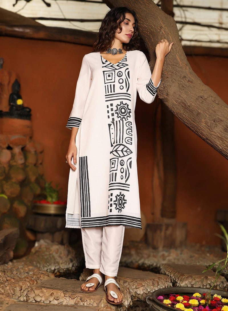QISSA Women's Daisy White & Onyx Black Indie Lines Kurta Set For Casual Wear | Round Neck | Quarter Regular Sleeves | 2 Piece Kurta Set Designed With Comfort Fit For Everyday Ethnic Wear - Image 2